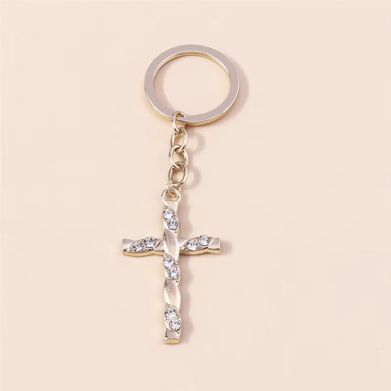 Fashion Cross Keychain for Women Men Gold Color Dazzling Crystal Religious Jesus Crucifix Key Rings Chain Christian Jewelry