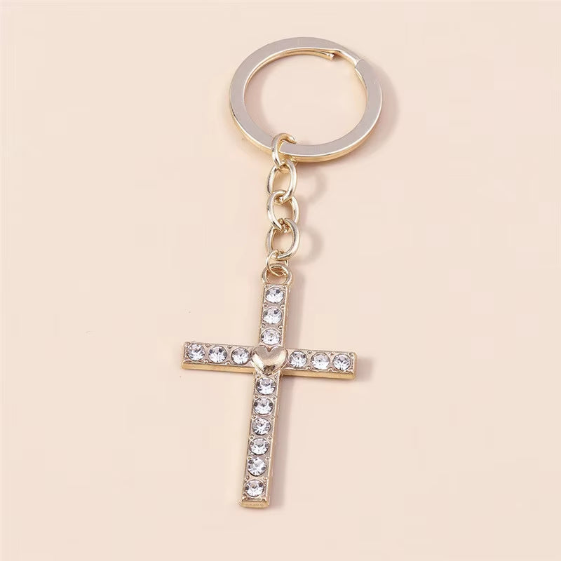 Fashion Cross Keychain for Women Men Gold Color Dazzling Crystal Religious Jesus Crucifix Key Rings Chain Christian Jewelry