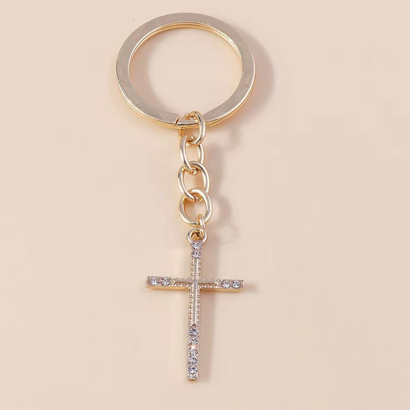 Fashion Cross Keychain for Women Men Gold Color Dazzling Crystal Religious Jesus Crucifix Key Rings Chain Christian Jewelry