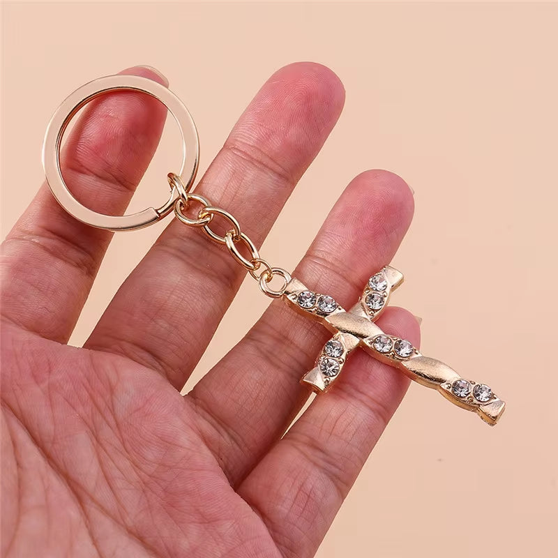 Fashion Cross Keychain for Women Men Gold Color Dazzling Crystal Religious Jesus Crucifix Key Rings Chain Christian Jewelry