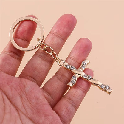 Fashion Cross Keychain for Women Men Gold Color Dazzling Crystal Religious Jesus Crucifix Key Rings Chain Christian Jewelry